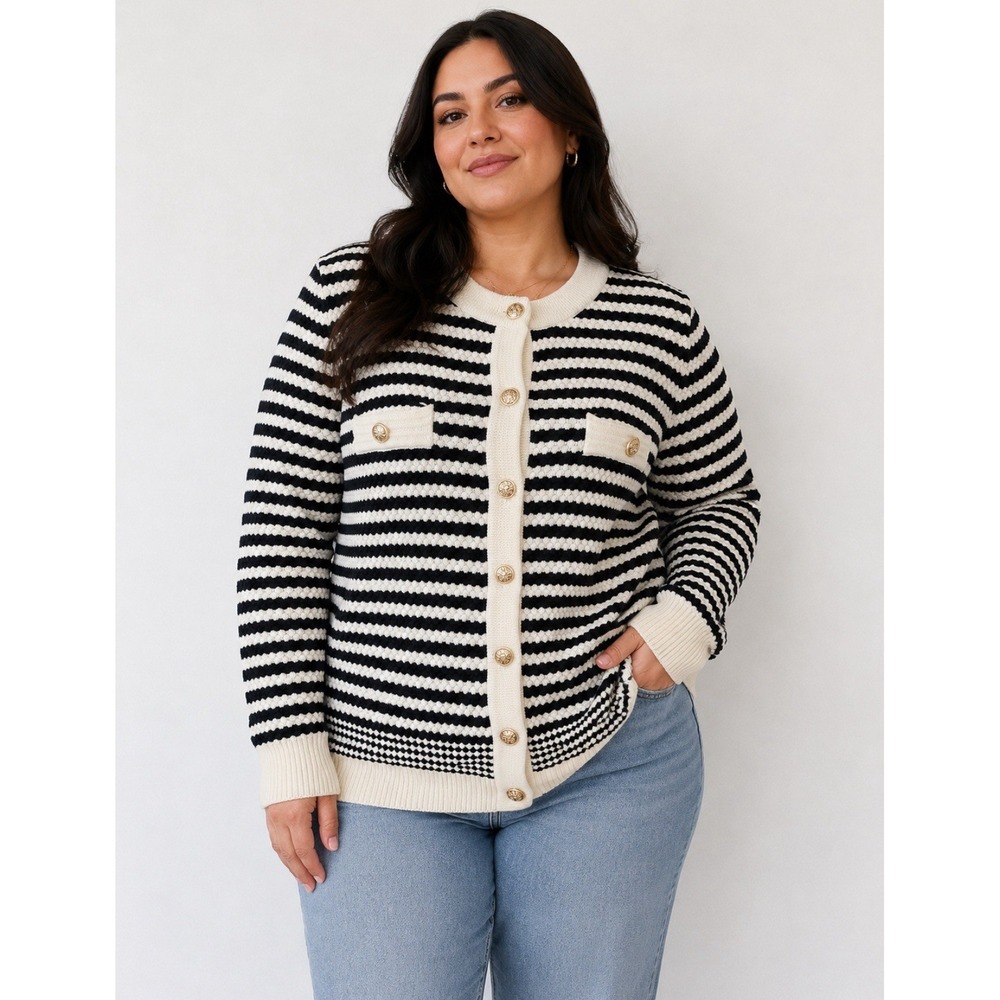 Adrianna Papell stripe Women's cardigan Sweater Gold buttons Size 1X